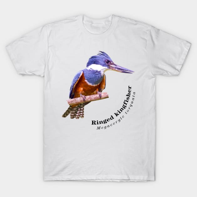 Ringed kingfisher pin black text T-Shirt by Ornamentum